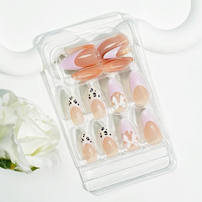 24pcs Leopard Print French Tip Pres on Nails Medium Almond Fake Nails 3D Resin Bow Charm Designs False Nails Pink French Full Cover Acrylic Stick on Nail Glossy Reusable Artificial Nail for Women