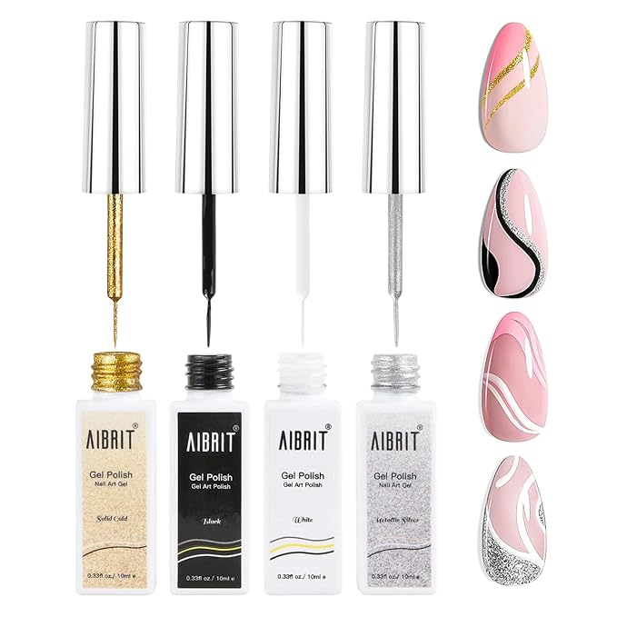 Gel Liner Art Polish Set 10ml, 4 Colors Black White Gold Silver Design Paint with Thin Brush in Bottle for Swirl/Euphoria French Tips Manicure Painting DIY at Home