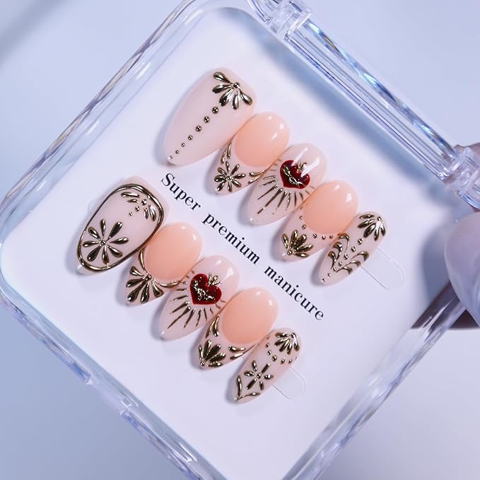 Press On Nails - Short Almond Handmade Unique Fake Nails, Artistic Design, Thick Acrylic and Muti-Layer Gel False Nails, Reusable Gel durable Oval 3D Fake Nails (Size M)