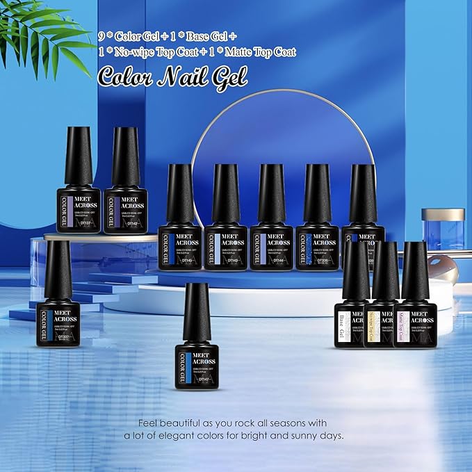 MEET ACROSS 9 Colors Gel Nail Polish + 3PCS Function Gel Nail Polish Kit,Fashion Nail Art Set Design Gifts for Women Manicure Salon (SET8, 12pcs)