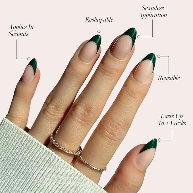 Glamnetic Press On Nails - Château | Semi-Transparent Dark Green French Tip Short Almond Fake Nails in a Glossy Finish, Salon Quality | 15 Sizes - 30 Nail Kit