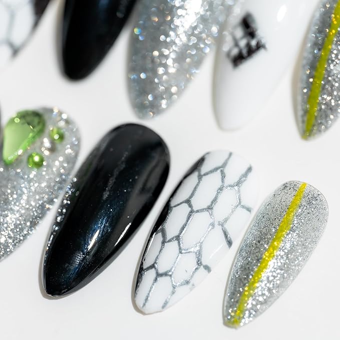 Sun&Beam Nails Handmade Oval Blue False Nail Tips with Cute Snake Sequins Popular Charm Design Press On Nails 10 Pcs (#18 S)