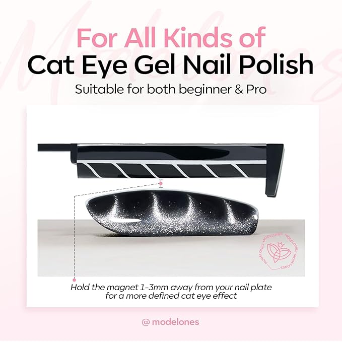 Modelones Cat Eye Gel Polish Nail Magnet, 8-in-1 Cat Eye Magnet Tool for Gel Nails Strong Magnetic Nail Art Wand with Steel Ball, Glass Bead& French Tip&Clover Cateye Multi-Effect Magnets DIY Salon