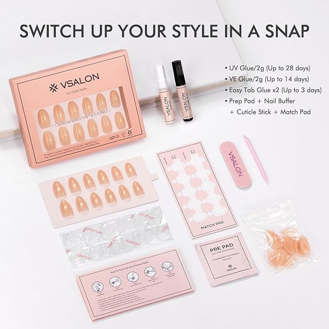 VSALON Press On Nails Short Almond, Light Apricot Gold Glitter Shimmer Sparkle Nails, Salon Quality Fake Nails Kit - 32 PCS Stick on Nails in 16 Sizes with UV Glue & Cuticle Oil