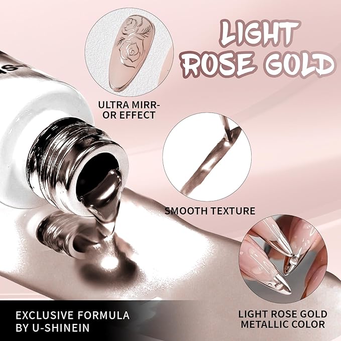 12ml Metallic Painting Gel Liner Nail Art 3D Mirror Chrome Effect Nail Polish Metal Painted Drawing Build in Thin Brush Soak Off UV/LED Light Rose Gold Gel for Nail Art DIY Manicure
