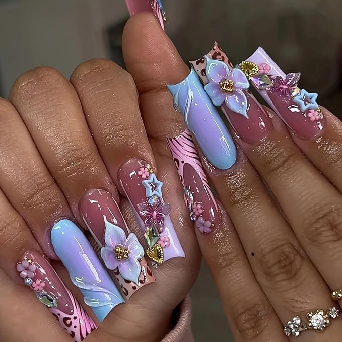 Press on Nails Coffin Long Length Acrylic Glossy Full Cover Square Shaped French False Nails with Designs Artificial Extra Long Fake Nails with Charms Glue ons Fingernails for Women(AS61)