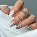 CurvLife Press On Nails Short Square Black White Heart, Glossy Soft Gel Fake Nails with Stripes and Silver Glitter, Reusable Salon Look Manicure for Women Teens Beginners, 30pcs, Daily Wear Work Party