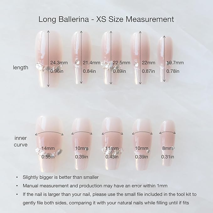 Long Ballerina Press-on Nails, Pink French Style with Rhinestones, Coffin Shape, Handmade False Nail 10 Pieces (XS,LB)