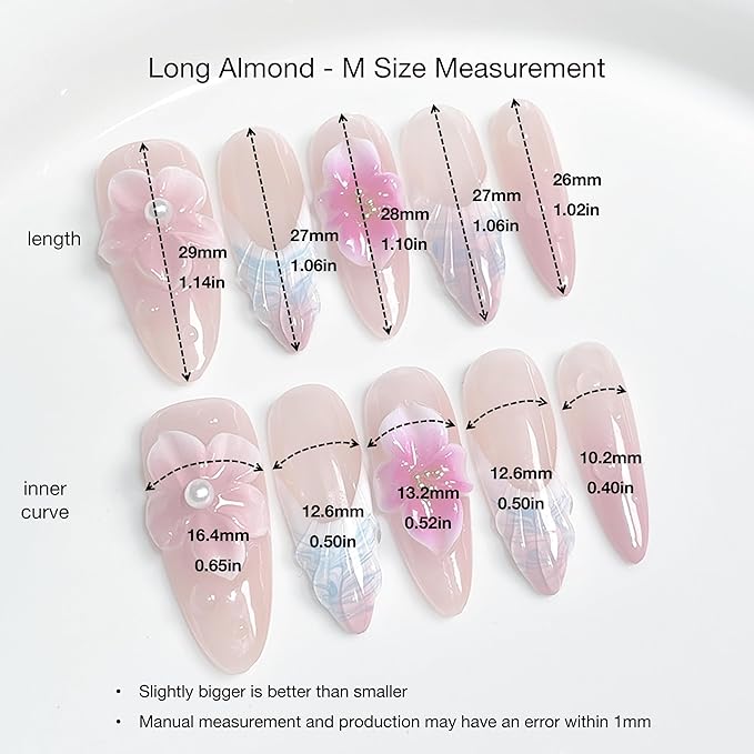 [GLORS] 3D Floral Long Almond Press-On Nails, Pink French Manicure with Pearl Flower Design, Handmade False Nail 10 Pieces (Medium, LS)