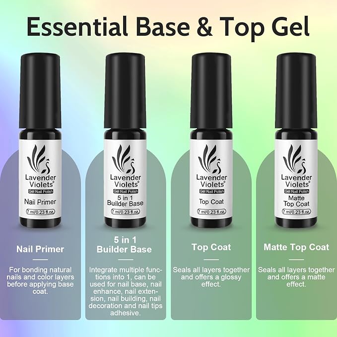 Lavender Violets 45 Colors Gel Nail Polish Kit with U V Light Nude Pinky Jelly Colors 9D Cat Eye Candy Glitter Primer Base Glossy & Matte Top Coat for Home Nail Art Design DIY Gift Set 01