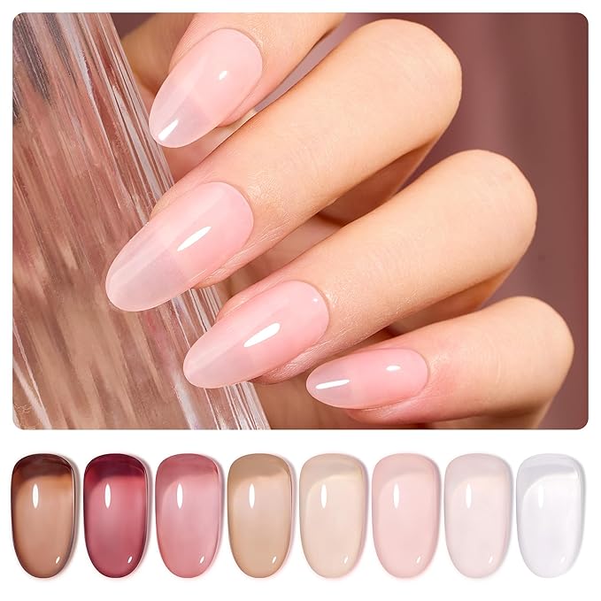 Beetles Jelly Gel Nail Polish Set, 8 Nude Jelly Pink Milky Brown Translucent Colors Gel Nail Polish Sweet Temptation Collection Soak Off LED Nail Art Manicure Kit DIY Salon at Home Gifts for Women