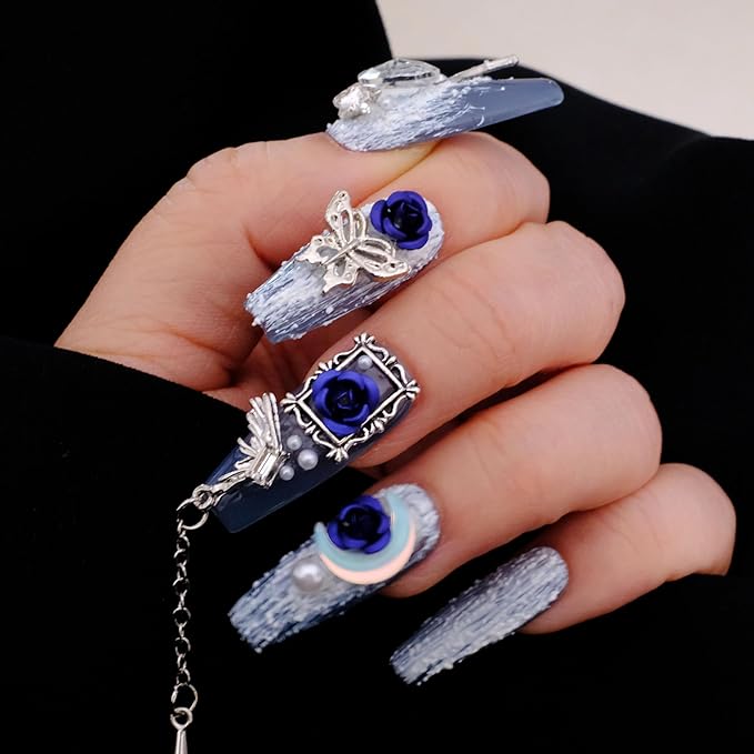 Handmade Press On Nails, 3D Blue Rose Design with Moon Charms, Long Coffin Style, 10 Pieces (Large,LB)
