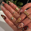 Medium Press on Nails Almond Brown Flowers Stick on Nail for Women 24pcs