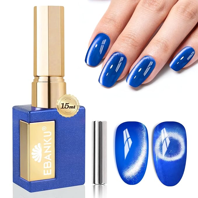 EBANKU Blue Cat Eye Gel Polish, 15ML 0.5 OZ Holographic Glitter Shimmer Translucent Jelly Color Magnetic Polish with Magnet Holiday Salon DIY at Home
