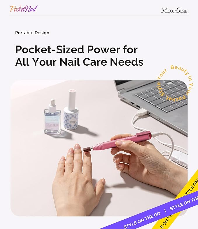 MelodySusie PocketNail Slim Ergonomic Pen-Shaped USB Nail Drill, PC100G 20000RPM Portable Electric File for All Manicure, Pedicure Nail Care, Shaping & Gel Removal at Home for Beginners