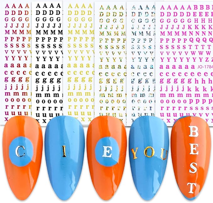 12 Colors Letters Nail Art Stickers, 3D English Self-Adhesive Sticker Design, Laser Gold Silver Red Black White Pink Yellow Green 26 Alphabet Nail Transfer Decals for Women Manicure Decorations