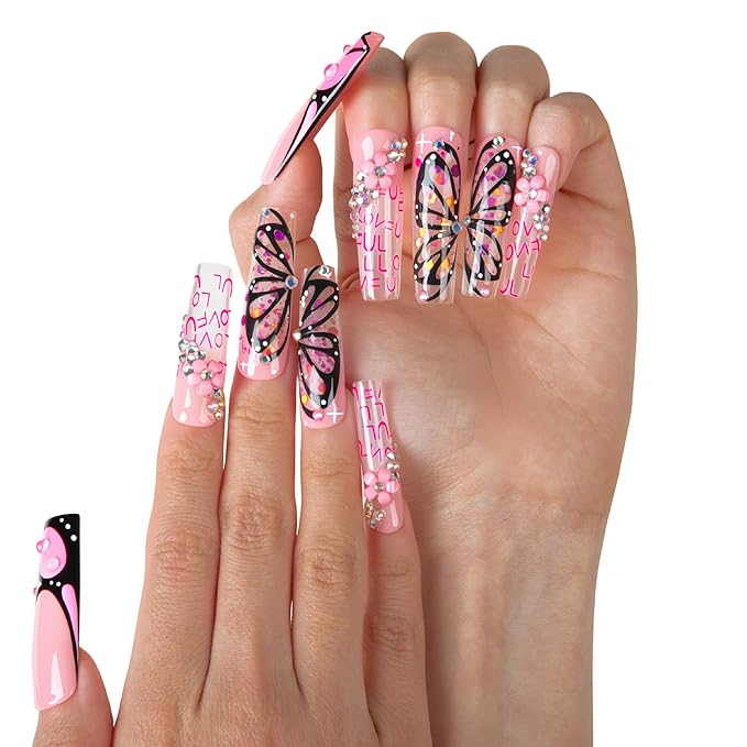 LOVFUL Press on Nails Pink Flutter| Handmade Acrylic Press ons| Reusable Fake False Nails| Square Mid length 1.7in| H723-L