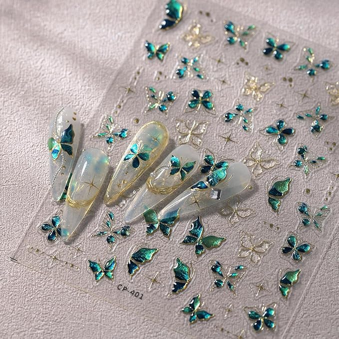 1 Sheets Green Embossed Butterfly Nail Decals for Nail Art Shiny Gold Butterfly Nail Stickers 5D Self-Adhesive Star Nail Decoration Spring Summer Nail Art Stickers for Women Girls Nail Design