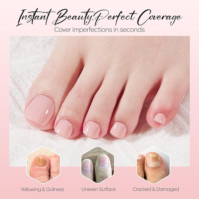 Modelones Press on Toenails Short, Soft Pink Toe Press on Nails Square, Reusable Nail Kit with Nail Glue Adhesive Tabs Mini Nail File, Toe Nails 36Pcs 18Sizes, Spring Women Girl Gift