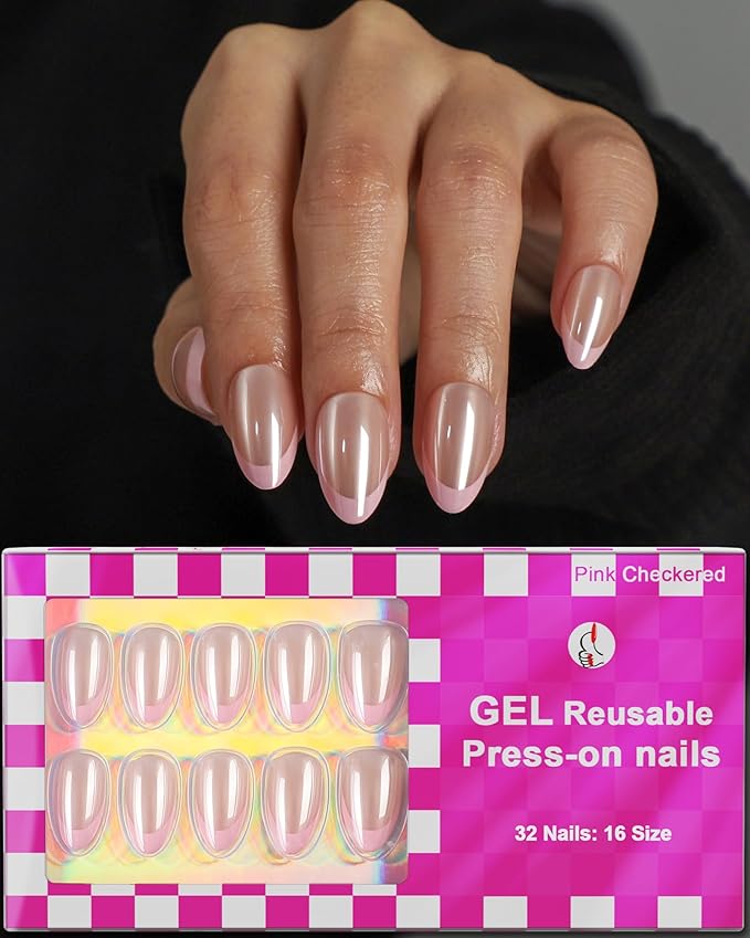 16 Size Chrome White French Tip Almond Press On Nails,32 Pcs Salon Quality Glossy Short Glue on Gel Nails (Pink on Pink French Tip)
