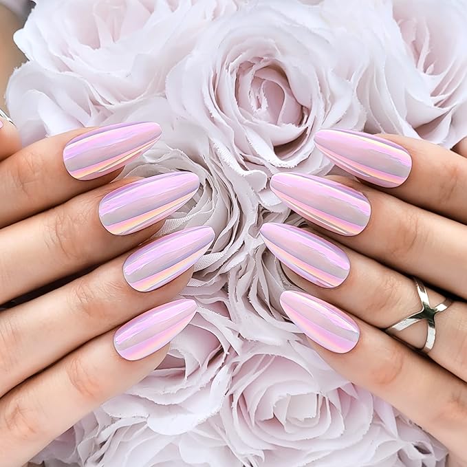 Hypnaughty 24 Pcs Light Pink Almond Chrome Luxury Press On Nails and Glue Reflective Medium Long Pointed False Nails (Light Pink Almond Chrome)