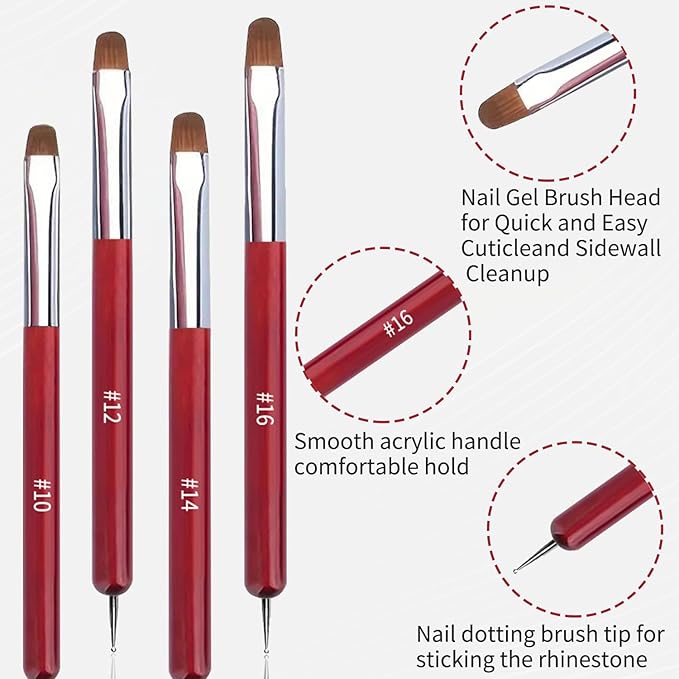 4Pcs French Tip Brush, Double-Ended French Brushes for Nails with Dotting Tool, Clean Up Brush for Gel Nail Polish, Size 10/12/14/16, Acrylic Nail Art Brushes, Manicure Tools for Nail Design-Red