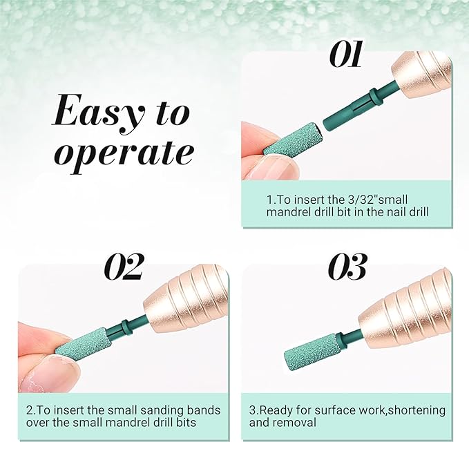 MelodySusie Small Crystal Top 3.1mm Mandrel Bit for Nails, 3/32'' Easy Off Nail Drill Bits for Sanding Bands, Suitable for Acrylic Nails Gel Manicures and Pedicures, Dark Green