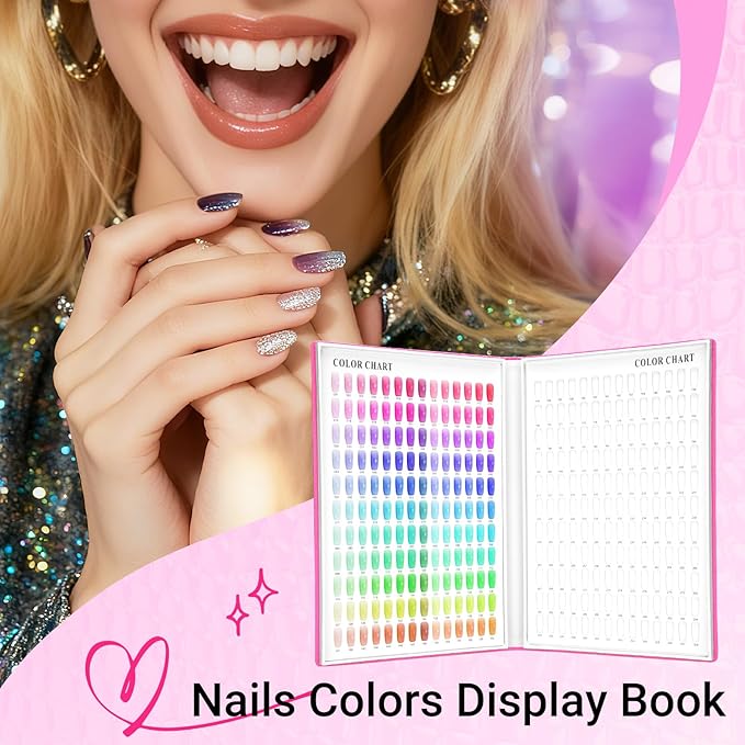 Segbeauty 308 Color Nail Polish Swatches Book for Press Ons, Gel Nail Display Book, Red Press On Nails Stand with 360 Fake Nails Tips, Polish Swatches Color Display Board Organizer Case Art Salon