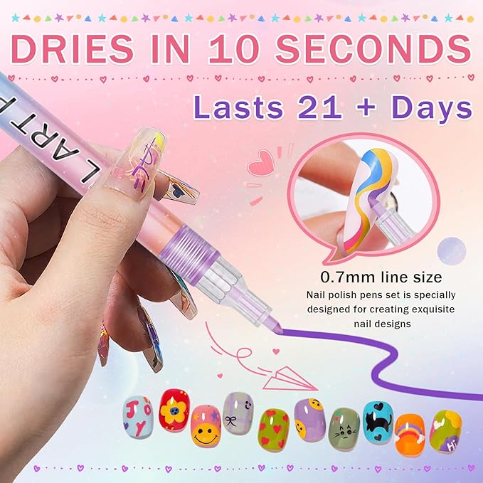 12 Colors Nail Art Pens Set, Nail Art Markers Polish Pens for Nail Art Quick Drying 3D Acrylic Paint Markers for Painting Dotting Liner Pen Nail Salon DIY Design Kit(0.7mm)