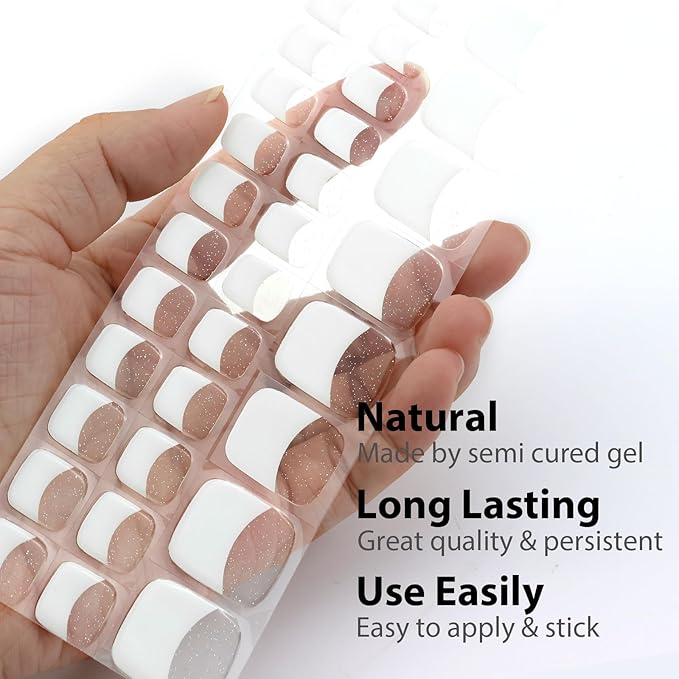 34 Pcs Semi Cured Gel Toe Nail Strips White French Tip Gel Nail Stickers Full Cover Nails Wraps Glitter Toe Nails Polish Strips Stickers for Women UV/LED Light Required