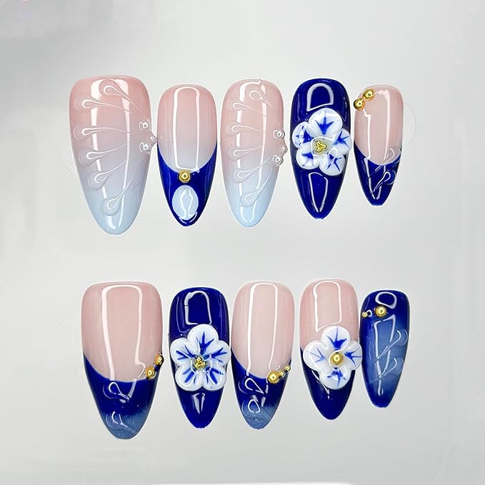 Luxury Press on Nails Medium Almond Handmade 3D French Tip Unique Reusable ABS Material Fake Nails Blue False Nails with Designs Pearls Floral Art Petal Glossy Glue on Nails Thick Acrylic Nails(S)