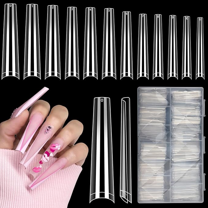 LIONVISON 3XL Coffin Nail Tips Professional, 504PCS Extra Long Tapered Square, 12 Sizes Straight Press On Gel Nails, Home DIY Salons