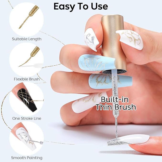 AIMEILI Nail Art Liner Gel Polish, Hema Free, Cruelty Free, Vegan, Silver Bronze Gold Nail Paint Build in Thin Brush for Swirl French Tips Manicure DIY