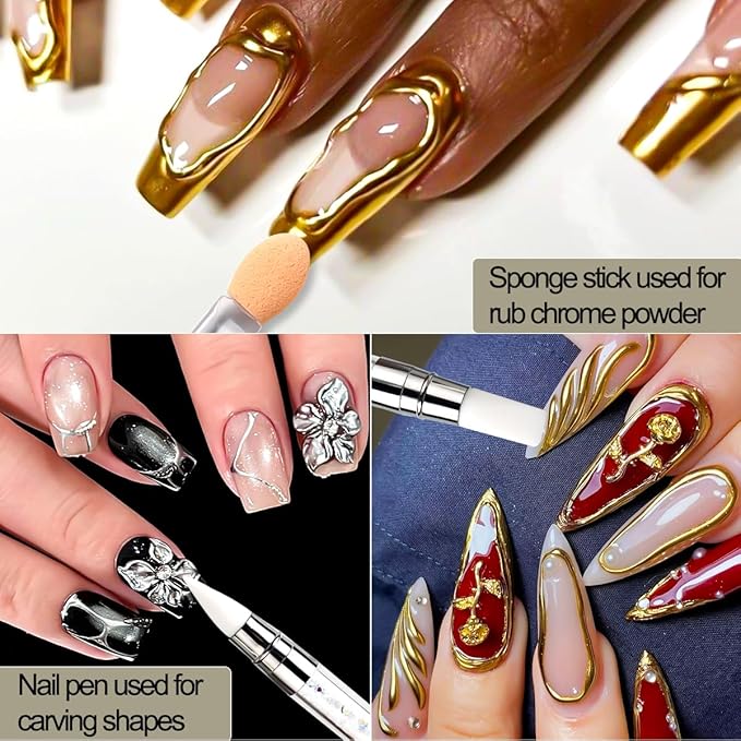 Chrome Nail Powder Kit, 6 Colors Chrome Powder with 3D Sculpting Gel for Nail Art Gold Silver Metallic Mirror Effect Pigment Holographic Glitter White Pearl Dust Kit for Manicure Decor