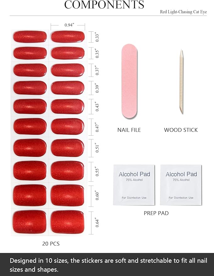 Semi Cured Gel Nail Strips (Red Light-Chasing Cat Eye), 20 Pcs Gel Nail Wraps, Stickers, Works with Any UV Lamps