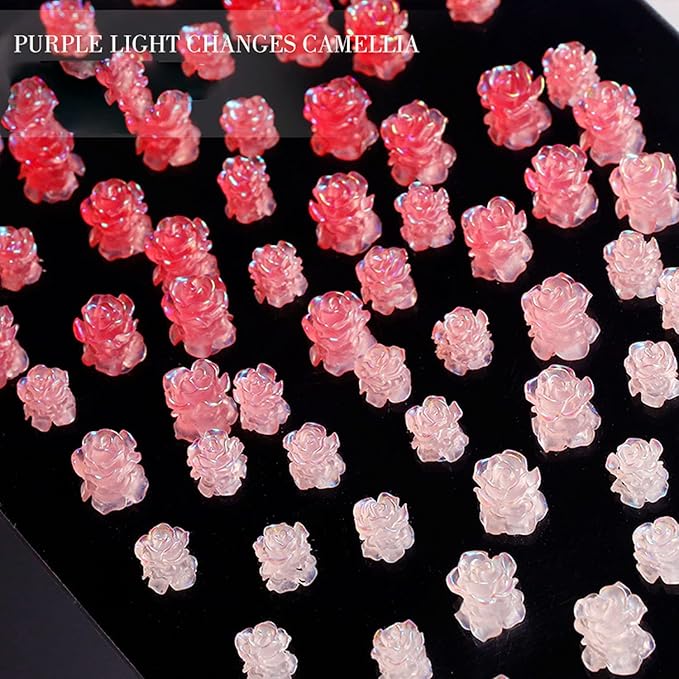 400 PCS Color Changing Flowers Nail Charms,3D Camellias Nail Decoration,Color Changing Camellia Acrylic Charms,Resin Flowers Charms Nails