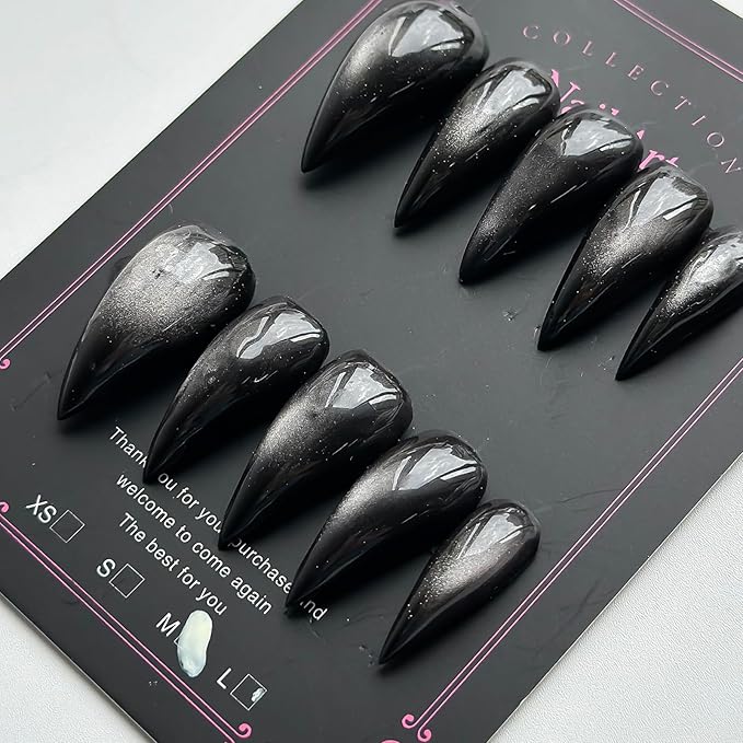 Luxury Press on Nails Medium Stiletto Handmade Eagle Claw Unique Reusable ABS Material Black Fake Nails Dragon Cat Claw False Nails with Glitter Designs Glossy Glue on Nail Thick Acrylic Nail(S)