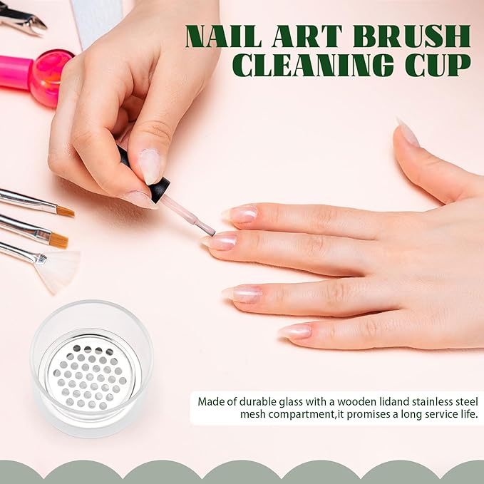 Diakey 4 Pack Acrylic Nail Brush Cleaner Dappen Dish with Lid, Mesh Layered Nail Art Brush Monomer Liquid Wash Cup Glass Removal Jar for Sequins Glitter Powder, 1.5in High
