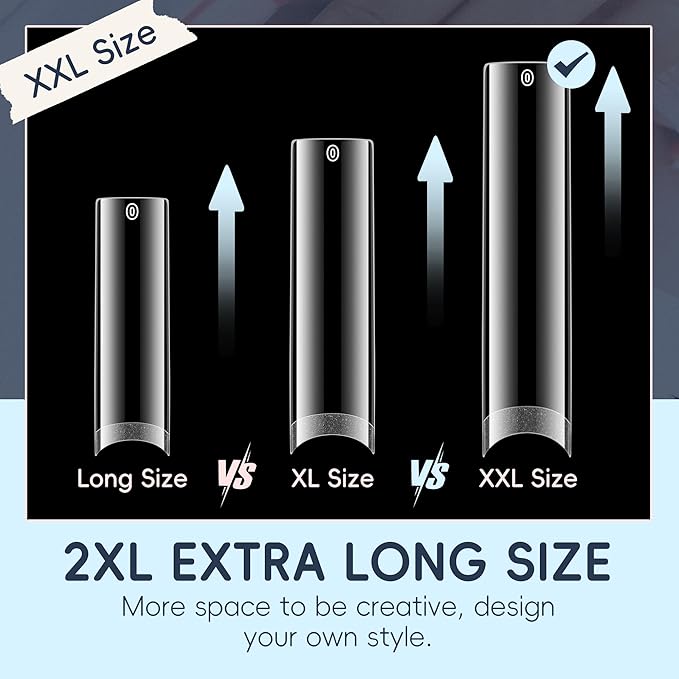 504PCS No C Curve Nail Tips Square XXL Extra Long Tapered Square Nail Tips for Acrylic Nails Professional 12 Sizes Half Cover Straight Clear Fake Nails for Nail Extensions Salons DIY at Home
