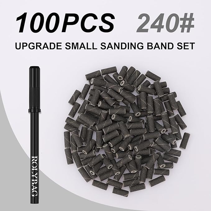 Rolybag 100pcs Small Sanding Bands Nail Drill Bits 240 Extreme Fine Grit Nail File Sanding Bands with 3.1mm Mandrel Bit for Acrylic Nails Gel Removing Shaping Professional Manicures and Pedicure,Black