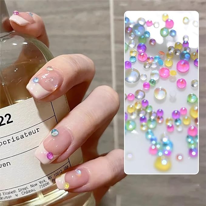 200Pcs Colorful Bubble Beads Mermaid Nail Art Charms Aurora Pearls Candy Caramel Stone Mix Nail Art Rhinestones Half-Round Flat Back Rhinestones for Nails Small Glass for Crafts Nail Art Accessories