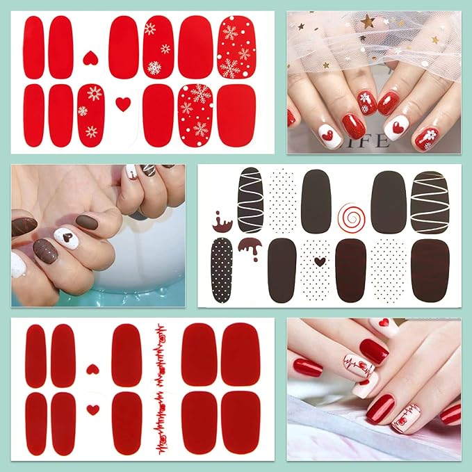 WOKOTO 16 Sheets Nail Polish Strips with Nail File Valentines Day Nail Stickers Full Nail Wraps for Acrylich Nails Heart Shapes Gel Nail Strips Stickers for Nails Self-Adhesive Nail Polish Stickers