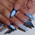 Handmade Press on Nails - Long Almond Glue on Nails - Flower Charm Design Blue French Tips Stick on Nail - 3D Pearl Water Ripple Fake Nail Glossy Summer False Nails for Women Manicure 24Pcs