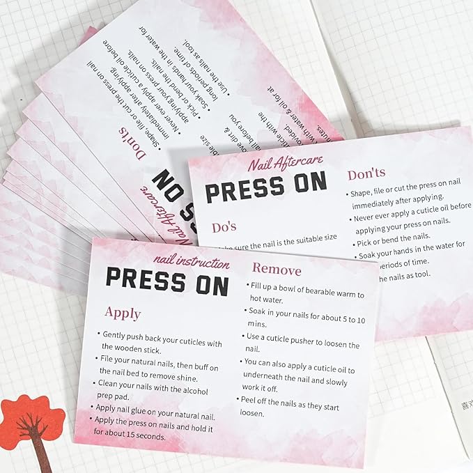 50 Pack Press on Nail Instructions Cards, Bebbtiy Press on Nail Application Guides Nail Aftercare Manicure Usage Business Supplies Card (White-1)