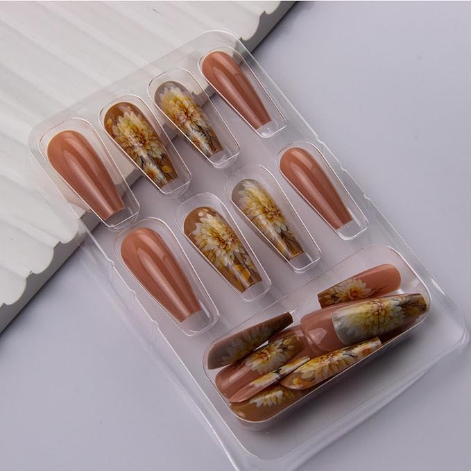 Sunflower Press on Nails Medium Square Fake Nails with Daisy Floral Designs Yellow Flowers False Nails Press ons Glossy Orange Summer Acrylic Nails for Women Decoration for Women 24Pcs