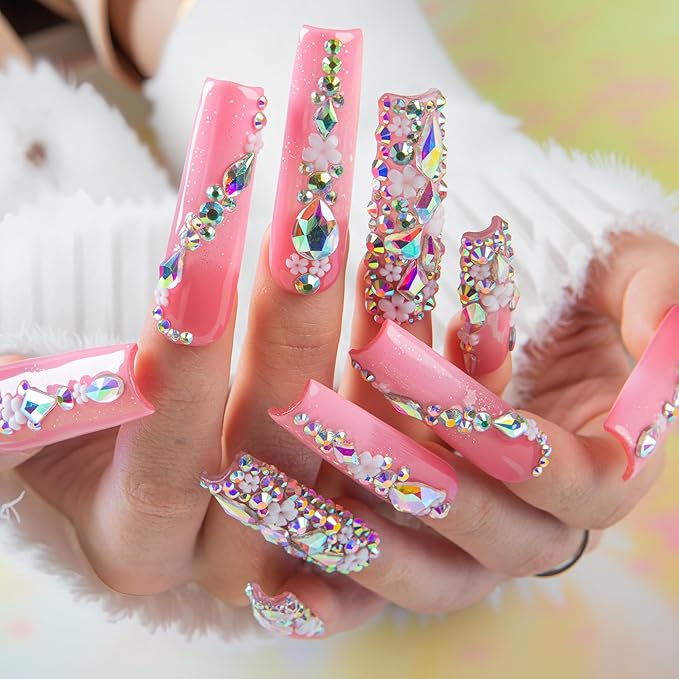 LOVFUL Press on Nails Pink Crystal Dream| Handmade Acrylic Press ons| Reusable Fake False Nails| Square Mid length 1.7in| H708-M