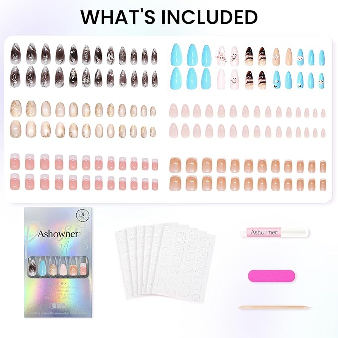 6 Packs (144 Pcs) | Reusable Press on Nails | Stick on Nails 12 Sizes-6 Styles|3D Design
