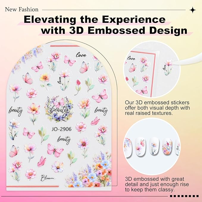 12 Sheets Butterfly Flower Nail Stickers for Nail Art, Colorful Flower Nail Decals,Flower 3D Self-Adhesive Nail Art Stickers Design for Women DIY Manicure Decoration YX1230
