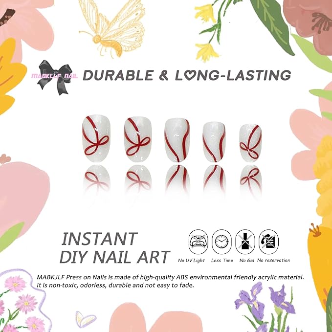 Christmas Press on Nails Short Oval MABKJLF Fake Nails False Nails with Bow Stripes Pearlescent Designs Glossy Glue on Nail Winter Full Cover Acrylic Nails for Women Girls 24Pcs