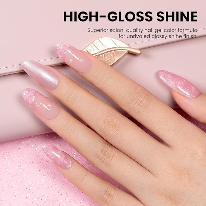 RARJSM Pearl Nail Art Gel Liner 2 Pcs Set Pearlescent Milky Silver White and Pink Shell Glitter Swirl Effect Gel Nail Polish 8ml Build in Thin Brush Painted Drawing Striper GelPolish Curing Requires